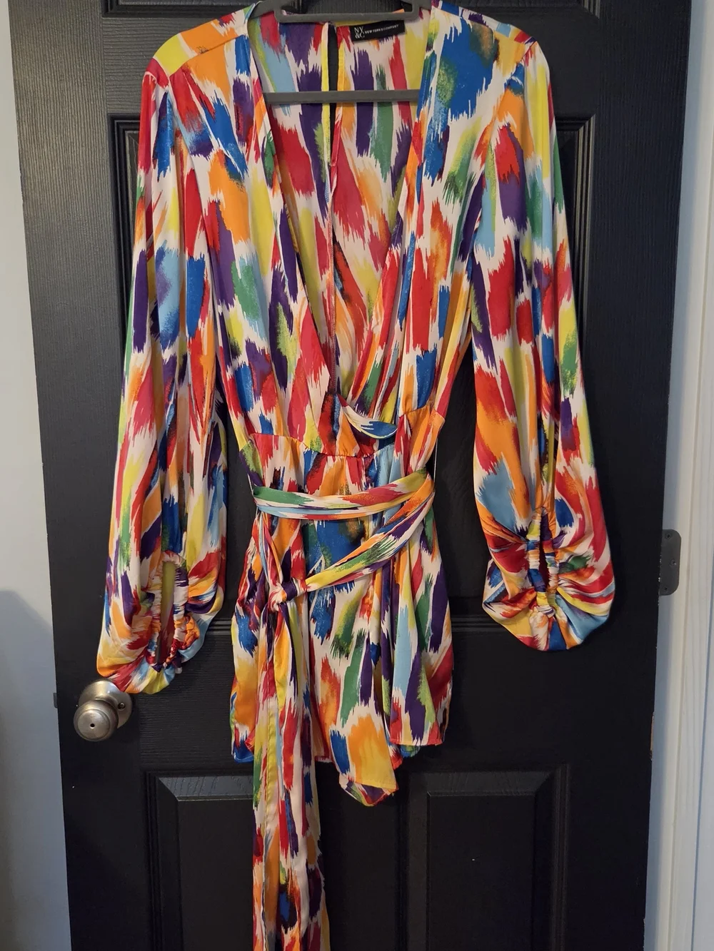 New York & Company Multicolor Brushstroke Wrap Romper - Bright Rainbow Hues - Picture 1 of 4